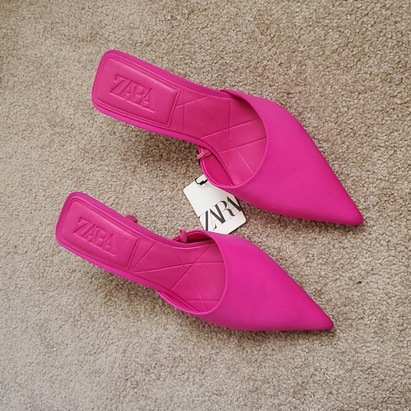 Zara Hot Pink Pointed Toe Heeled Mules - Picture 9 of 14